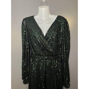 August Sky Dress Womens Medium Green Sequin Wrap Maxi Long Sleeve Formal
